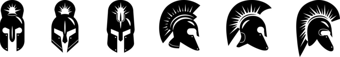 Vector set of Spartan helmets silhouettes isolated on a white background. Roman and Greek warrior helmet designs.



