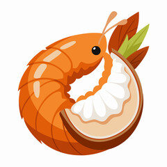 Cartoon shrimp character holding a green object on a white background