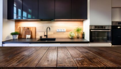 Stylish Blurred Wood Kitchen Counter in a Warm, Cozy Environment, Showcasing Rich Textures and Natural Tones with an Inviting Ambiance.