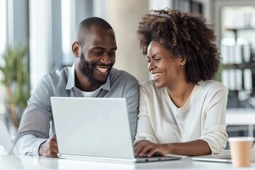 Happy couple using laptop