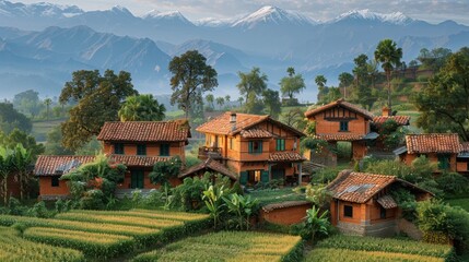 Himalayan village houses at sunrise with mountain backdrop