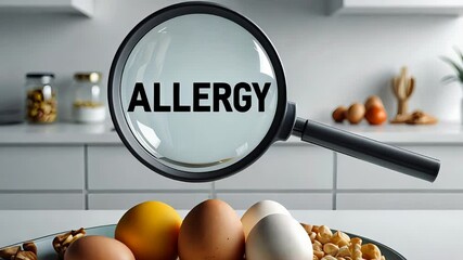 Magnifying glass focusing on the word allergy over a plate of food in a kitchen setting
