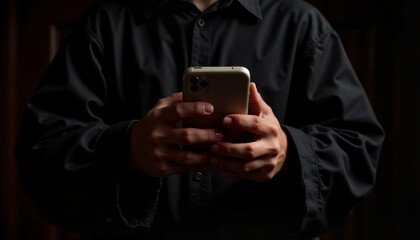 Man in black holding smartphone – anonymous communication and digital privacy