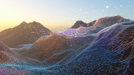 Futuristic digital landscape with glowing network, technology background, copy space for text.