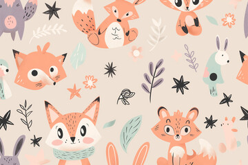 A seamless pattern featuring whimsical hand-drawn animals in playful poses, such as foxes, rabbits, and bears, scattered across a soft, neutral background