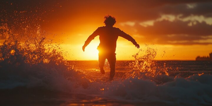 Man running in ocean waves at sunset celebrating world day of happiness
