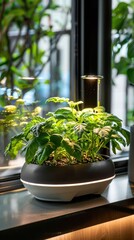 Fototapeta premium Modern indoor herb garden with smart lighting on window sill Houseplant Appreciation Day