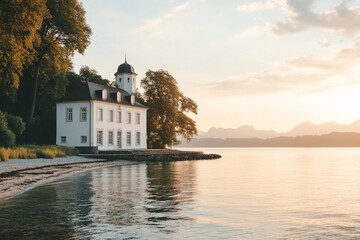 Obraz premium Lakeside mansion at sunset, serene waters