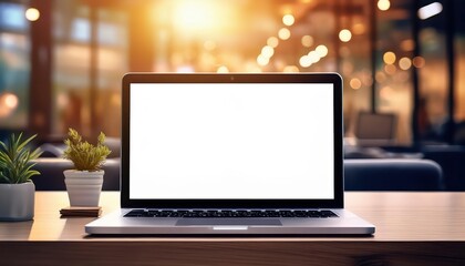 Desk with Laptop on Table, Minimalistic Scene in a Modern Office Space, Conveying Serenity and Productivity in Shades of Neutral Tones.