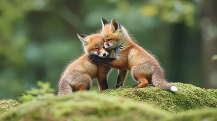 Fototapeta premium Two adorable red foxes embracing in a lush green forest scene. Nature showcases a beautiful bond between these playful creatures. Experience their warmth and connection. Generative AI