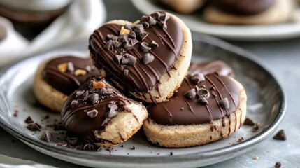 Delicious chocolate heart cookies with sprinkles and drizzle on plate. Chocolate Shortbread Heart Cookies