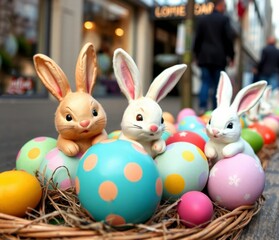 Easter bunny and lots of colorful eggs