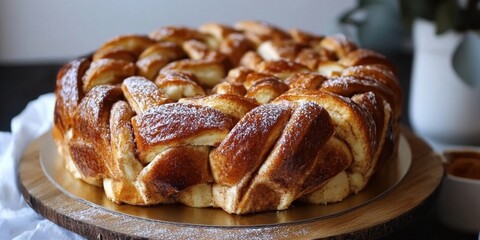 Freshly baked braided cinnamon bread on wooden plate with powdered sugar. ​National Cinnamon Roll Day