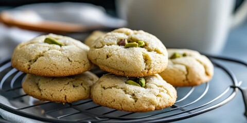 Freshly baked pistachio cookies on wire rack with warm background. Chocolate Chip Cookie Week