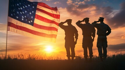 Silhouetted soldiers saluting the american flag during a vibrant sunset, commemorating memorial day and honoring fallen heroes