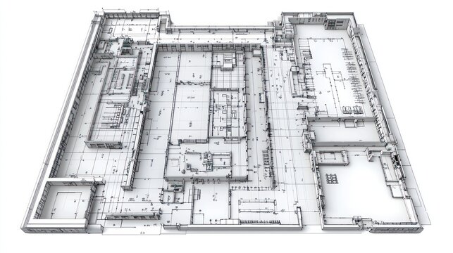 3D model of a large building's floor plan.