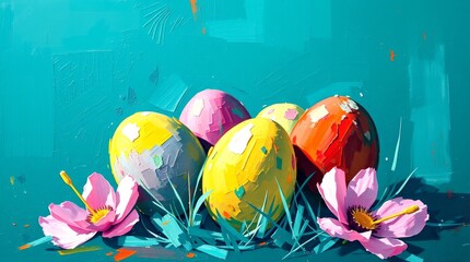 A basket with Easter eggs on the meadow