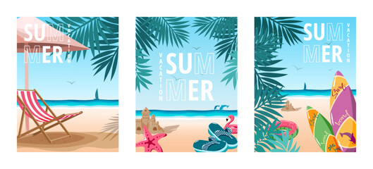 Obraz premium A set of posters on the theme of summer beach holidays. Scenery with sea, beach chair under umbrella, sand castle, surfboards, palm trees