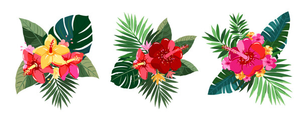 A pattern of hibiscus flowers and palm leaves. Bouquet for decorating cups, clothes and other goods.