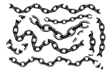 Trendy elements with retro photocopy effect. Distressed broken metal chain pieces set. Black monochrome clip art with grainy stippling texture. Grunge vector illustration on transparent background