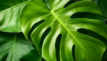 Lush Green Monstera Leaves Close Up View