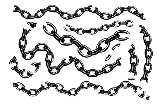 Trendy elements with retro photocopy effect. Distressed broken metal chain pieces set. Black monochrome clip art with grainy stippling texture. Grunge vector illustration on transparent background
