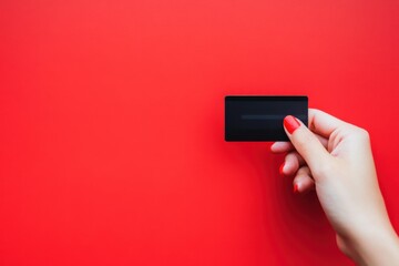 Hand holding black credit card over bright red background while preparing for transaction