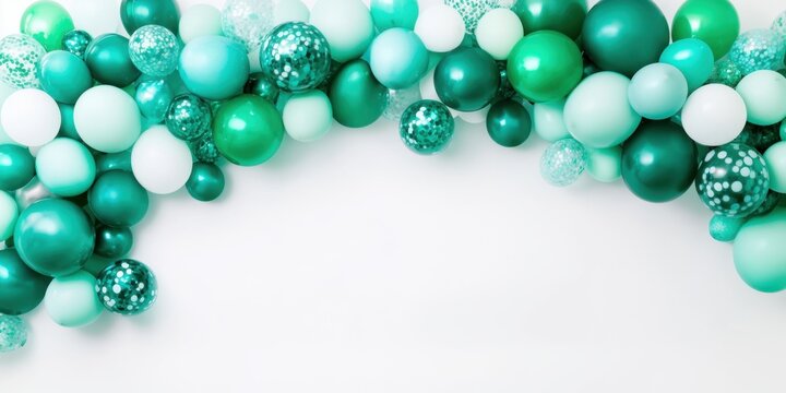 Green and white balloon garland with varied sizes and patterns on a white background
