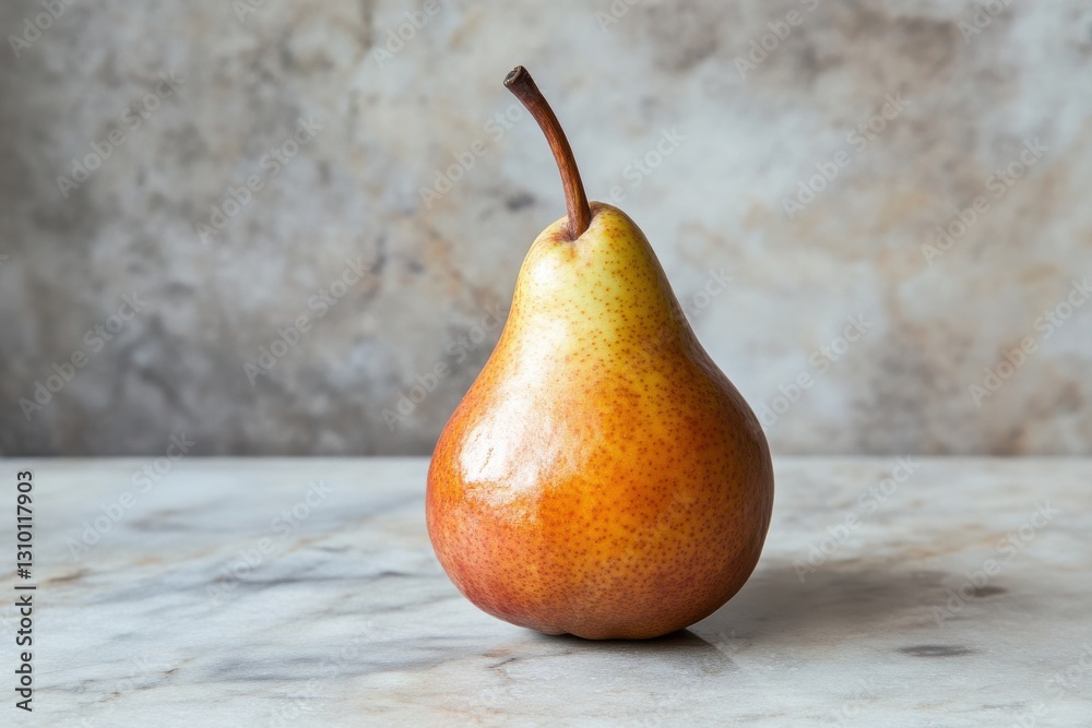 Poster beautiful ripe pear with a smooth surface placed on a marble countertop in natural light during the 