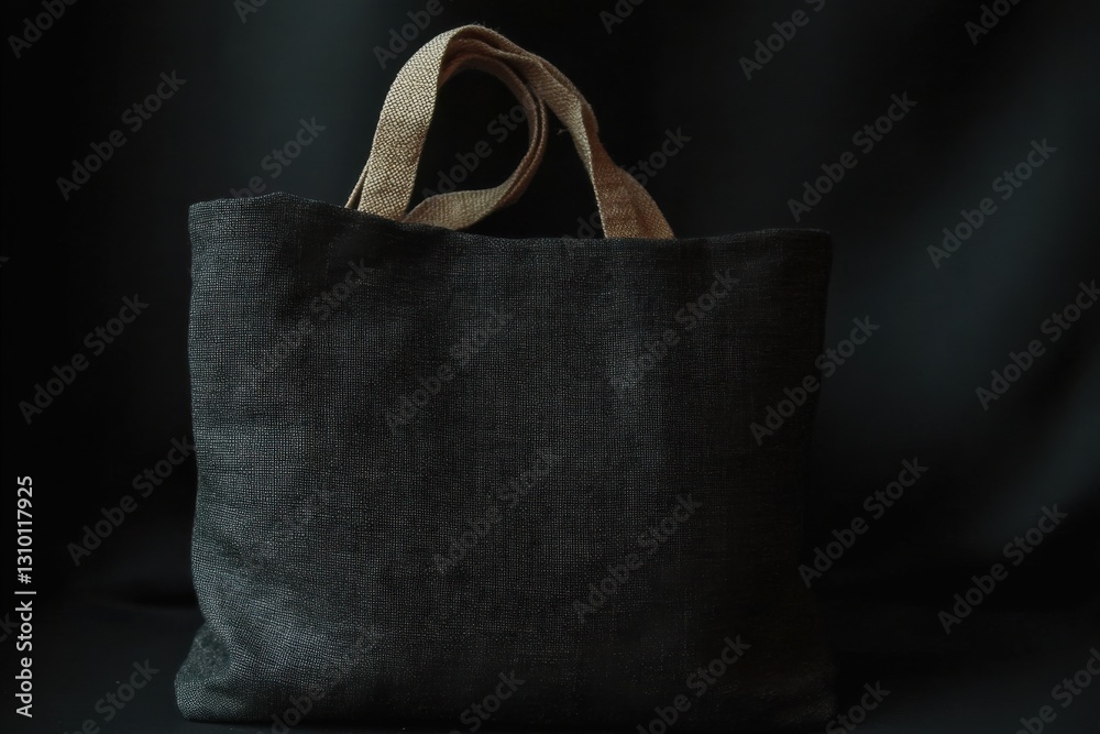 Poster Simple black fabric tote bag with natural handles displayed against a dark background in a minimalist setup