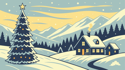 Naklejka premium Festive winter landscape with a village in the background and festive SVG, Christmas tree in the foreground SVG. Illustration can be used as a Christmas holiday card AI, Day, EPS, PNG, JPEG File.