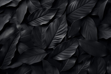 A sophisticated wallpaper design featuring matte black leaves set against an equally dark black background