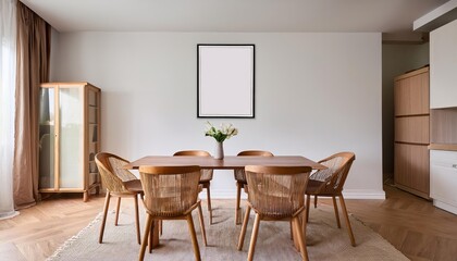 Elegant Dining Room Interior Table Setup with Chairs and Framed Vertical Poster, Showcasing a Warm, Inviting Space Filled with Cozy Textures and Vibrant Hues.