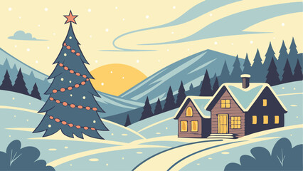 Fototapeta premium Festive winter landscape with a village in the background and festive SVG, Christmas tree in the foreground SVG. Illustration can be used as a Christmas holiday card AI, Day, EPS, PNG, JPEG File.