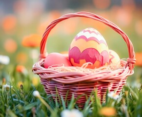 A basket with Easter eggs on the meadow