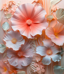 A close-up view of a stunning arrangement of paper flowers in varying shades of peach and pastel pink, accented by light gray and beige.