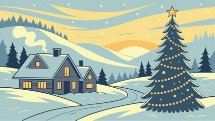 Festive winter landscape with a village in the background and festive SVG, Christmas tree in the foreground SVG. Illustration can be used as a Christmas holiday card AI, Day, EPS, PNG, JPEG File.