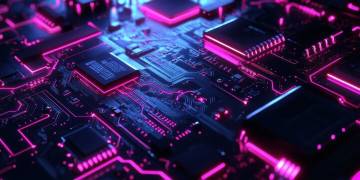 Futuristic neon circuit board with glowing pink and blue lights