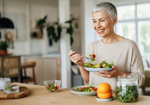 Smiling woman enjoying a healthy salad at home, promoting wellness and nutrition