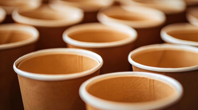 A uniform pattern of disposable coffee cups, highlighting environmental impact..