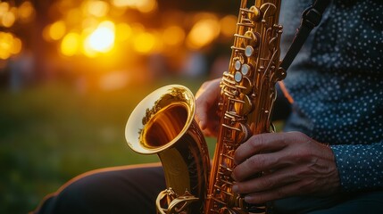 Fototapeta premium A saxophone being played up close by a musician against a light backdrop
