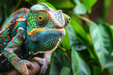 Obraz premium A stunning close-up of a vibrant chameleon perched on a branch in its natural tropical habitat 