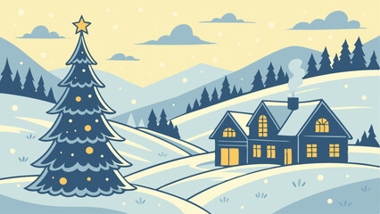 Festive winter landscape with a village in the background and festive SVG, Christmas tree in the foreground SVG. Illustration can be used as a Christmas holiday card AI, Day, EPS, PNG, JPEG File.