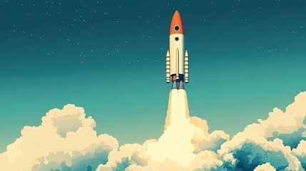 A vintage-style vector illustration of a space rocket launching and soaring into the sky.