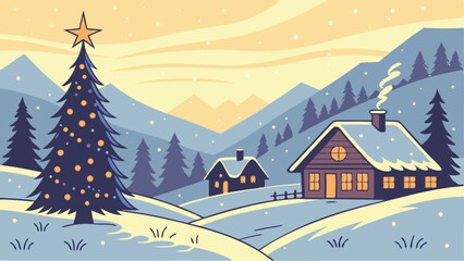Festive winter landscape with a village in the background and festive SVG, Christmas tree in the foreground SVG. Illustration can be used as a Christmas holiday card AI, Day, EPS, PNG, JPEG File.