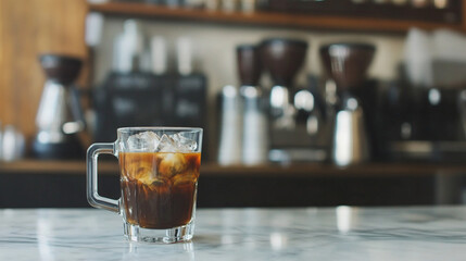 a glass of coffee sitting on a wooden table, partially illuminated by sunlight. The background is slightly blurred, with a mix of light and dark areas, suggesting an indoor setting, possibly a cafe 
