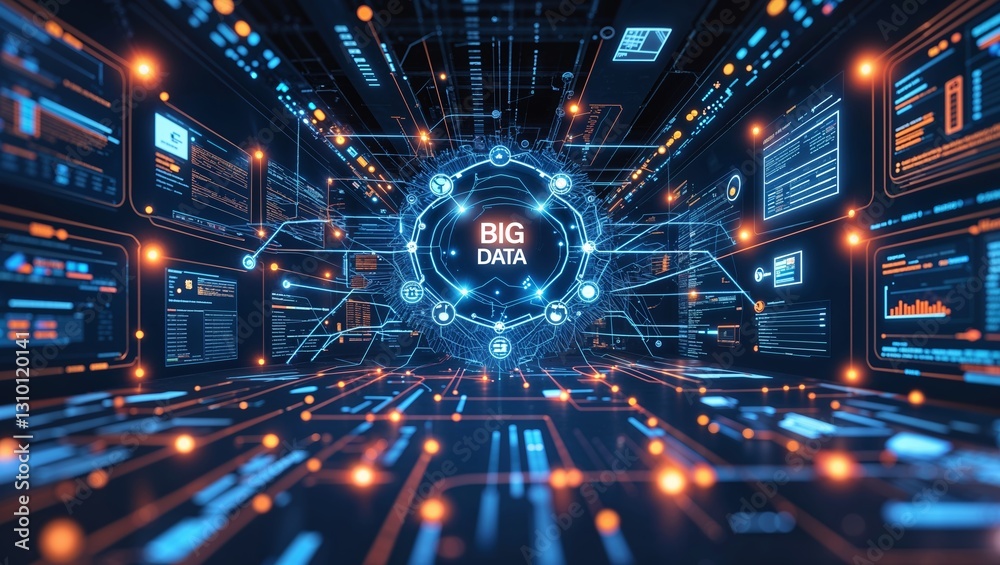 Poster exploring big data in a futuristic digital environment filled with glowing elements and intricate pa