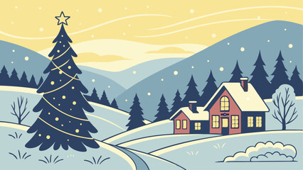 Fototapeta premium Festive winter landscape with a village in the background and festive SVG, Christmas tree in the foreground SVG. Illustration can be used as a Christmas holiday card AI, Day, EPS, PNG, JPEG File.