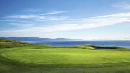 Fototapeta premium Tranquil golf course setting with a stunning ocean backdrop and lush greenery.