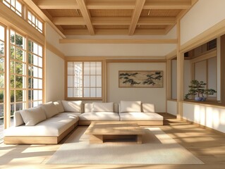 Modern interior space with minimal furniture and open windows